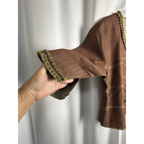 Vintage Molato 2 Piece Brown Denim Green Ruffled Jacket & Skirt Set Sz M - Picture 3 of 9